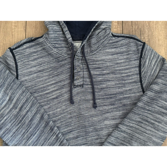 Lucky Brand ATHLETICS Navy Blue & White Striped 1/4 Snap Hooded Sweatshirt Sz‎ S - Picture 3 of 13
